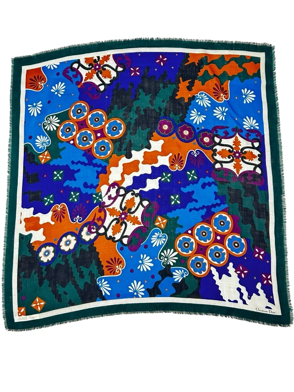 Christian Dior Écharpes Abstract Floral 100% Wool Fringe Scarf 34.5” Square
